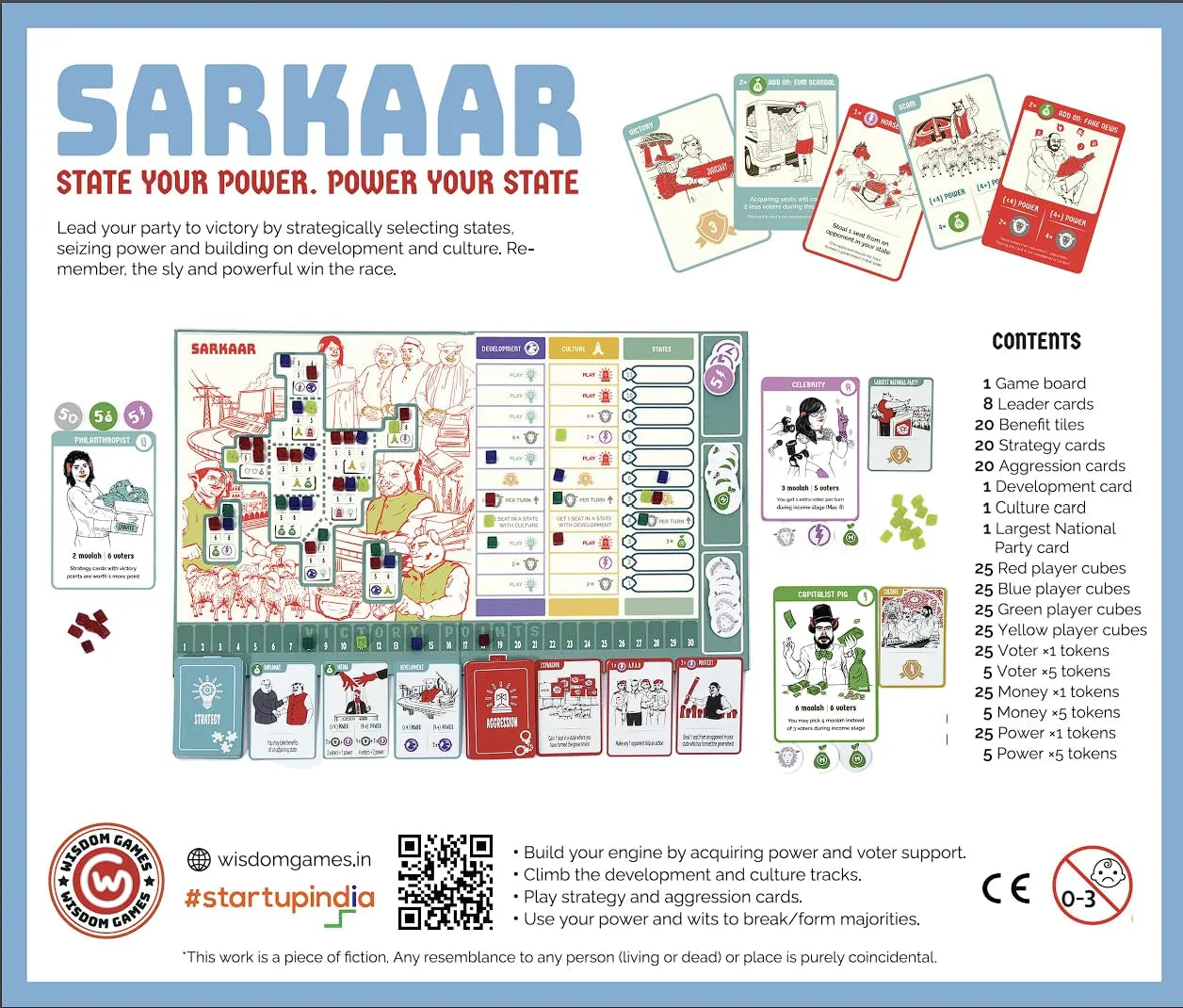 Wisdom Games Sarkaar: The Political Strategy Board Game 45-60 Mins Playtime | Fun, Cheeky Strategy Game | 2-4 Players Age 12+ - Jaiman Toys
