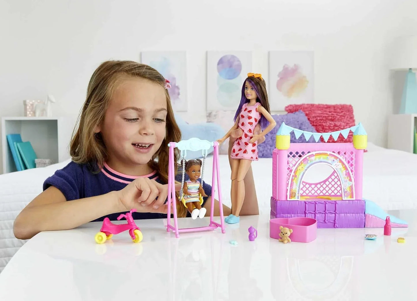 Barbie Skipper™ Babysitters Inc.™ Bounce House Playset with Skipper™ Babysitter Doll, Toddler Doll, Swing & Accessories, Toy for 3 Year Olds & Up - Jaiman Toys