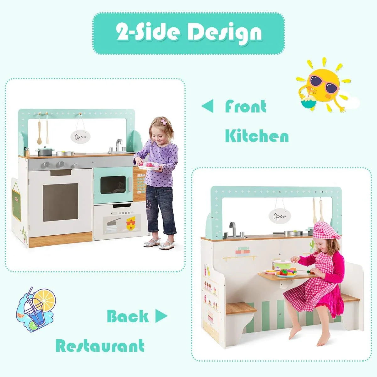 2 In 1 Kids Play Kitchen & Diner Restaurant Wooden Pretend Cooking Playset Kitchen Toys - Hw64636