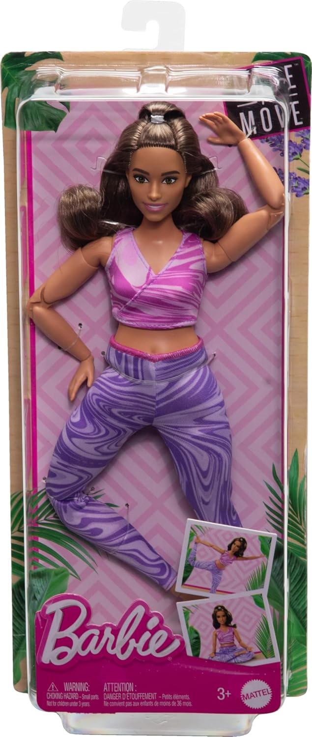 Barbie Made to Move Fashion Doll with Curvy Body, Brunette Hair & 22 Articulated Joints | Pink Sports Top & Purple Yoga Pants