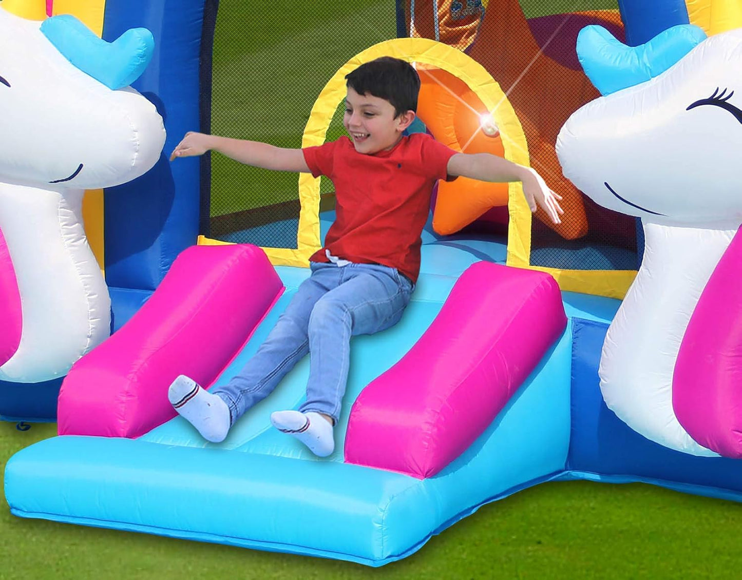 Happy Hop Fantasy Unicorn Inflatable Bouncy House with Slide, Lights & Sound | Kids Jumping Castle | Ages 3+