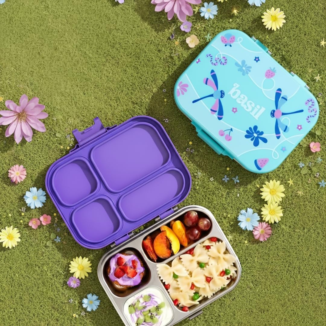 Basil Bento Box Quad 800ml Stainless Steel Lunch Box – 4-Section Leak-Proof Tiffin Box for Kids & Adults
