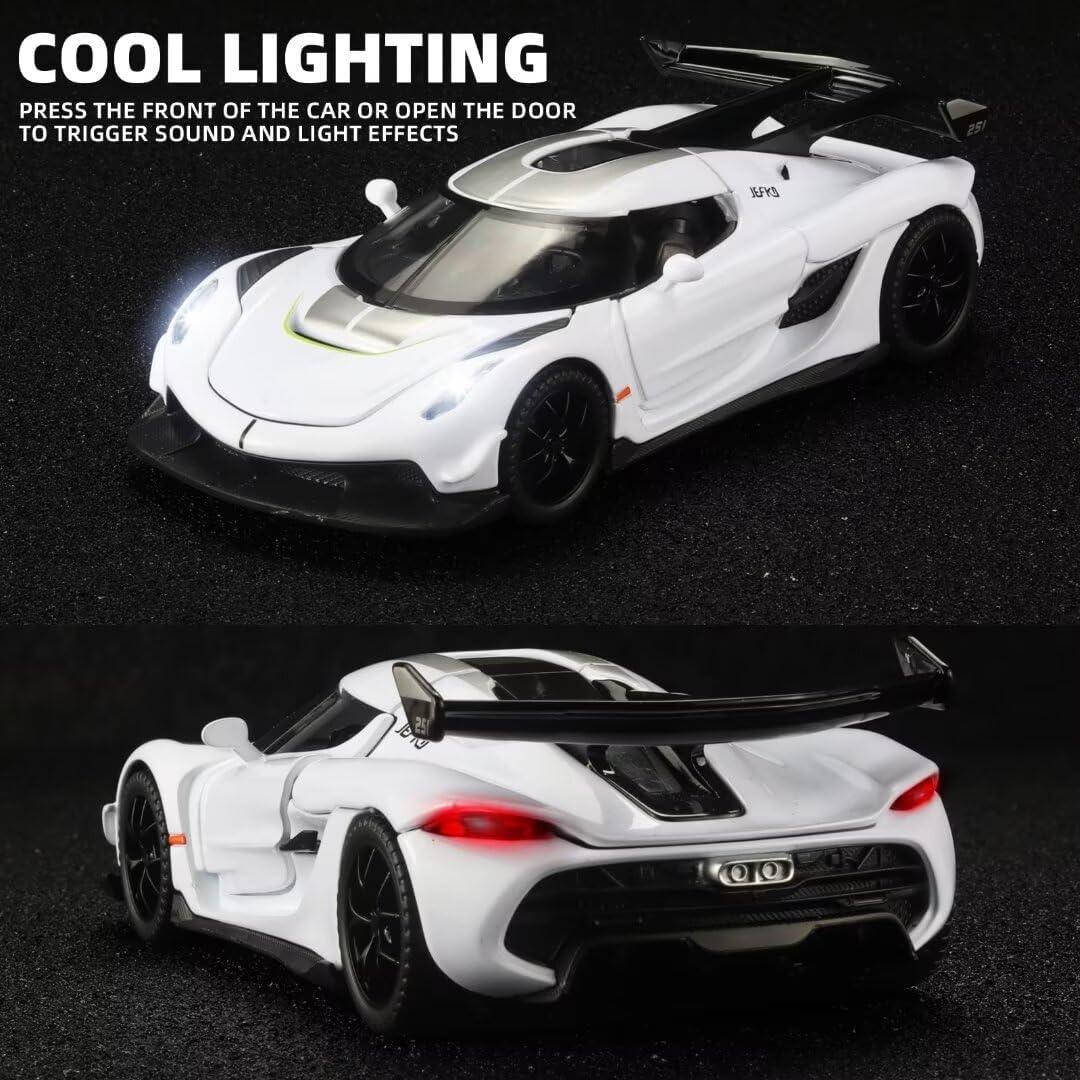 1:32 Koenigsegg Jesko Die-Cast Metal Model Car β Pull Back Toy Car with Openable Doors, Light & Music (White) - Jaiman Toys