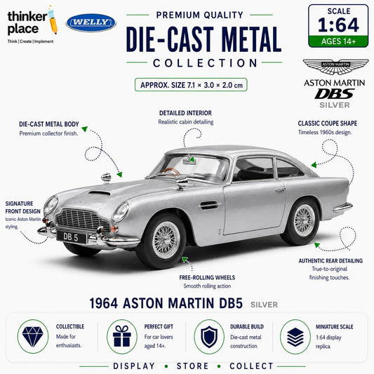 Welly 1:64 Aston Martin DB5 1964 Silver Die-Cast Metal Model Car