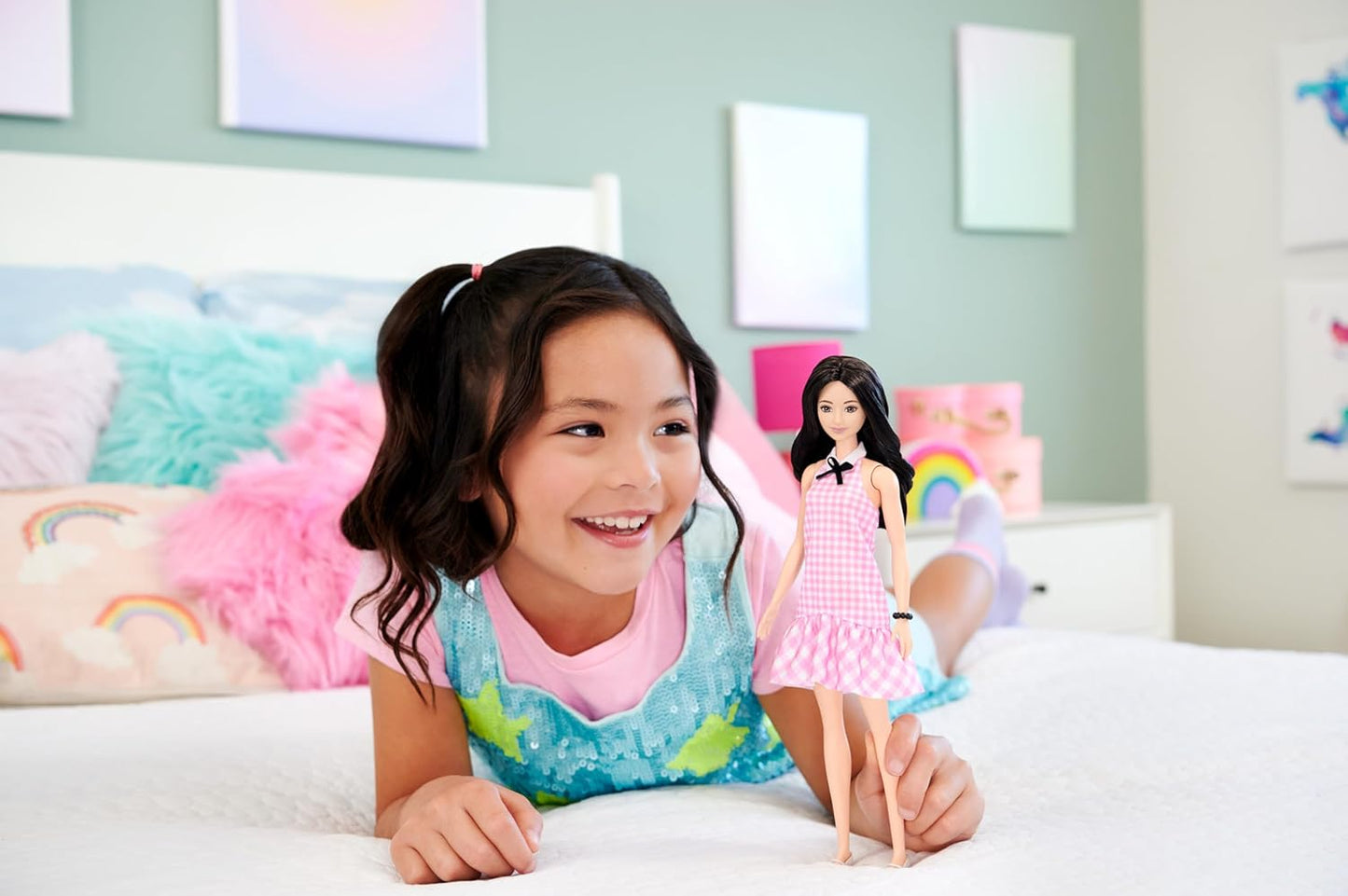 Barbie Fashionistas Doll #224 – 65th Anniversary Collectible with Black Wavy Hair & Pink Gingham Dress
