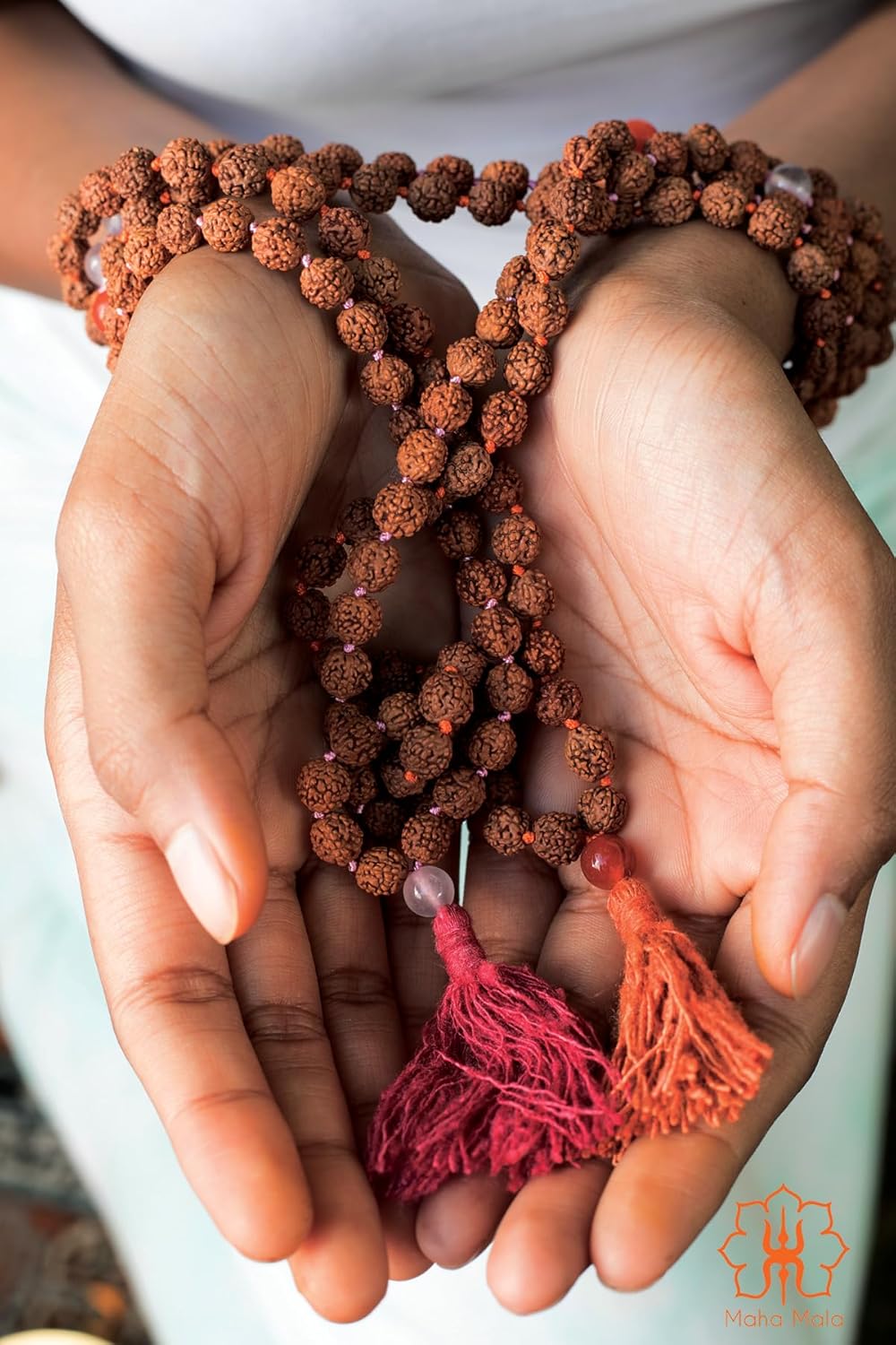 Maha Mala Rudraksha 108 Beads Japa Mala with Clear Quartz | Hand-Knotted, Ahimsa Silk Tassel | Handmade in India