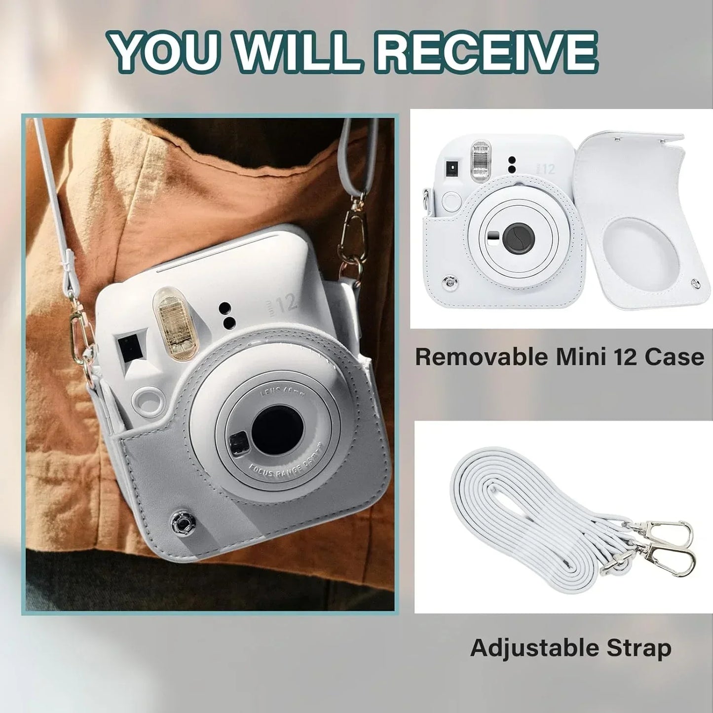 Pop & Snap in Style – Mini 12 Camera Case with Strap (Perfect Fit for Instax Mini 12) - Clay White - Jaiman Toys
