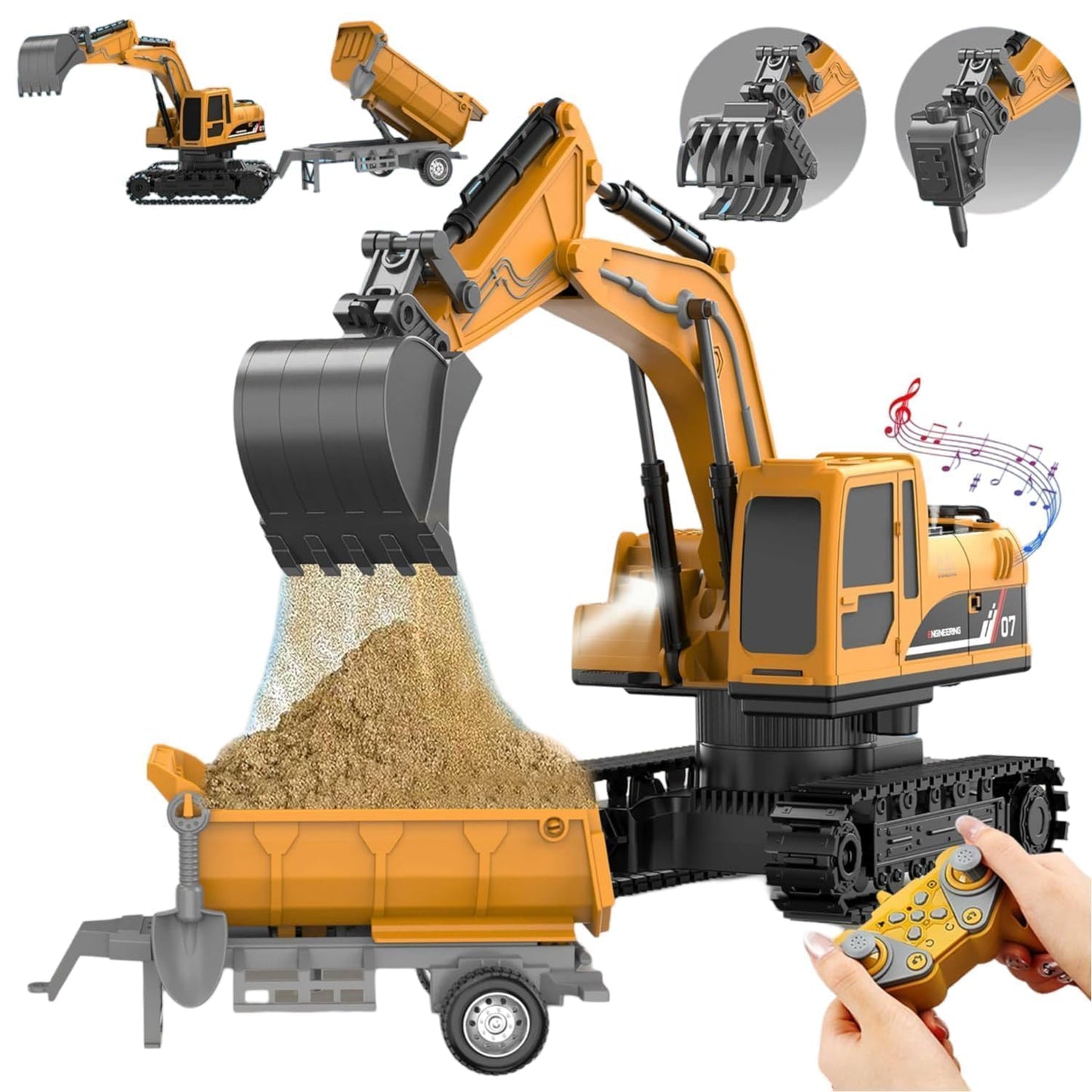 RC JCB Toy Excavator 1:22 Scale Remote Control Construction Vehicle with Lights, Sounds & Rotation Digger Truck for Kids