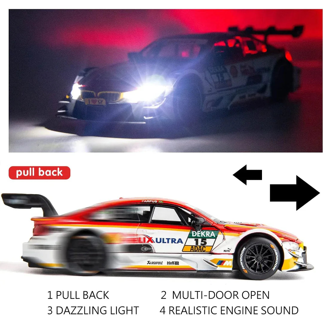RMZ Hobby 1:32 BMW M4 DTM Die-Cast Model Car – Red |Pull Back, Openable Doors, Light & Sound (664999)