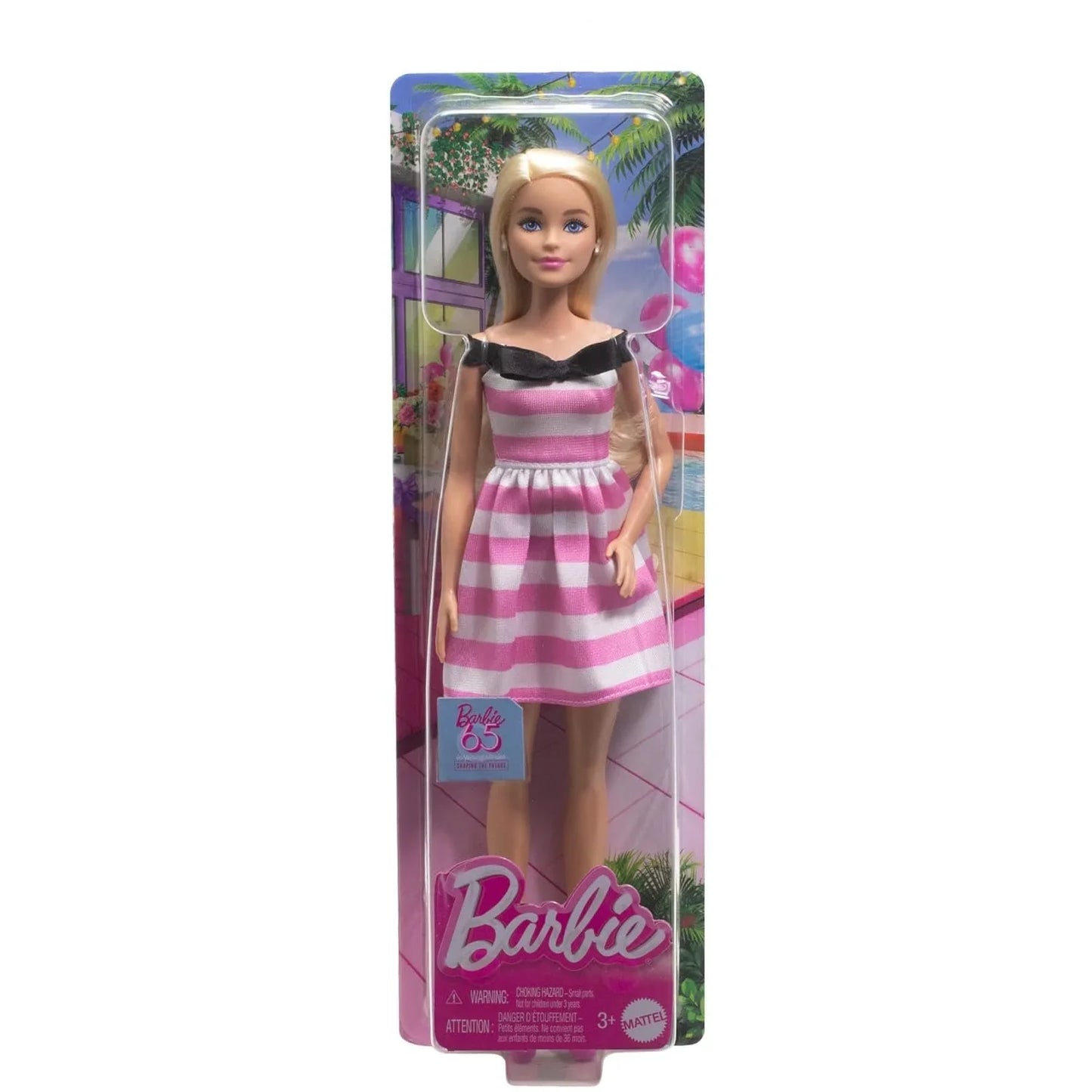 Barbie's 65th Anniversary: Commemorative Doll with Blonde Hair and Pink & White Striped Dress - Jaiman Toys