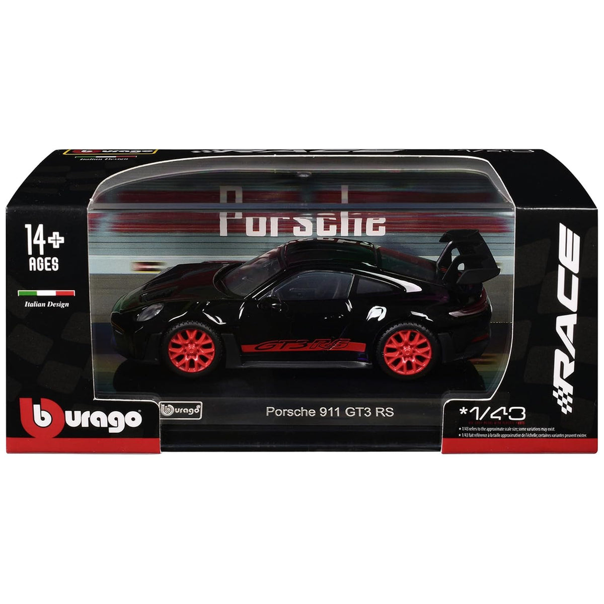 Bburago 1:43 Porsche 911 GT3 RS Die-Cast Model Car | Metal Collectible Sports Car with Red Wheels, Racing Graphics & Display Base – Black, Ages 14+