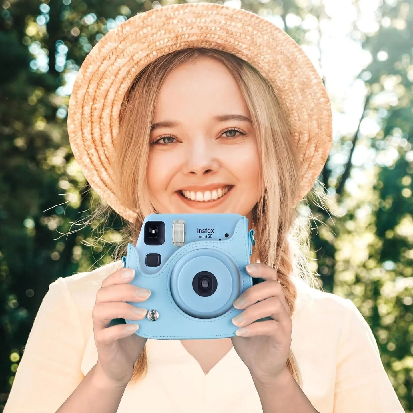 PU Leather Camera Case for Instax Mini SE β Protective Pouch with Adjustable Shoulder Strap - Blue - Jaiman Toys