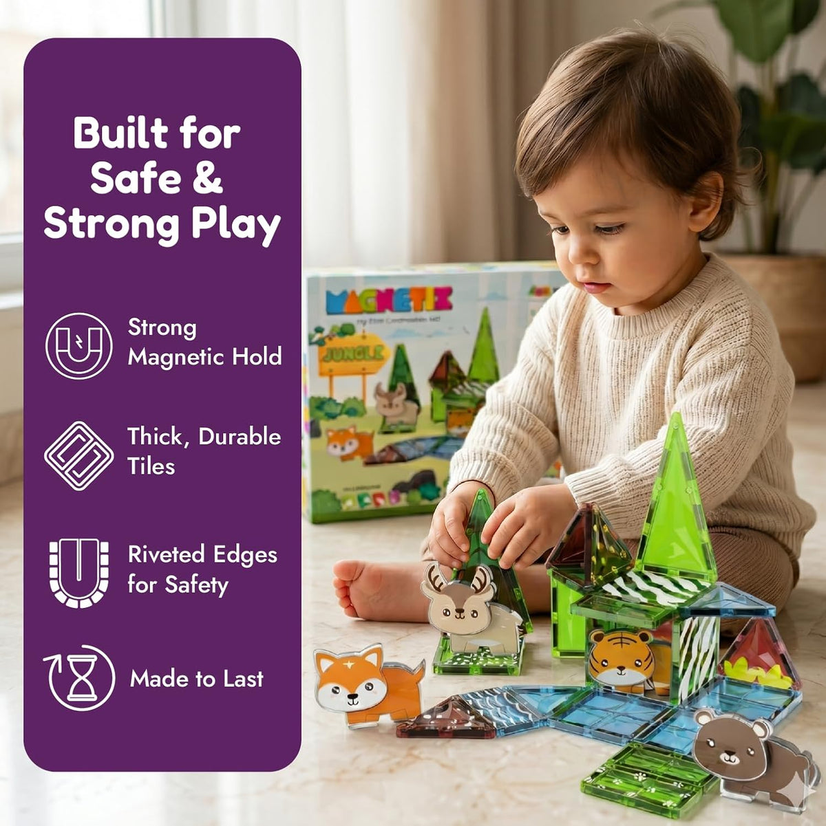 Zephyr Learning Steps Magnetix Jungle Magnetic Tiles Building Set – 34 Pieces, Ages 3+