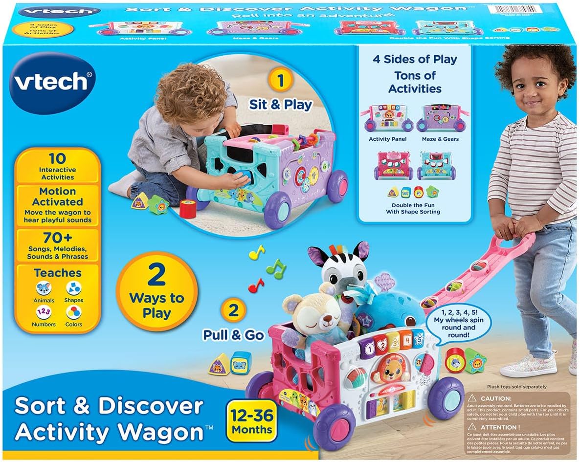 VTech Sort & Discover Activity Wagon Pink | Interactive Pull-Along Learning Walker & Shape Sorting Toy for Toddlers
