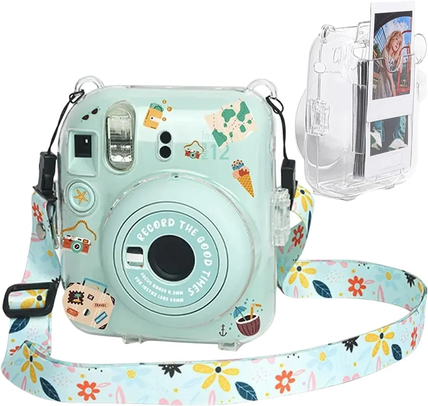 Instax Mini 12 Camera Case – Crystal Clear with Rainbow Strap Stickers (Mint Green)