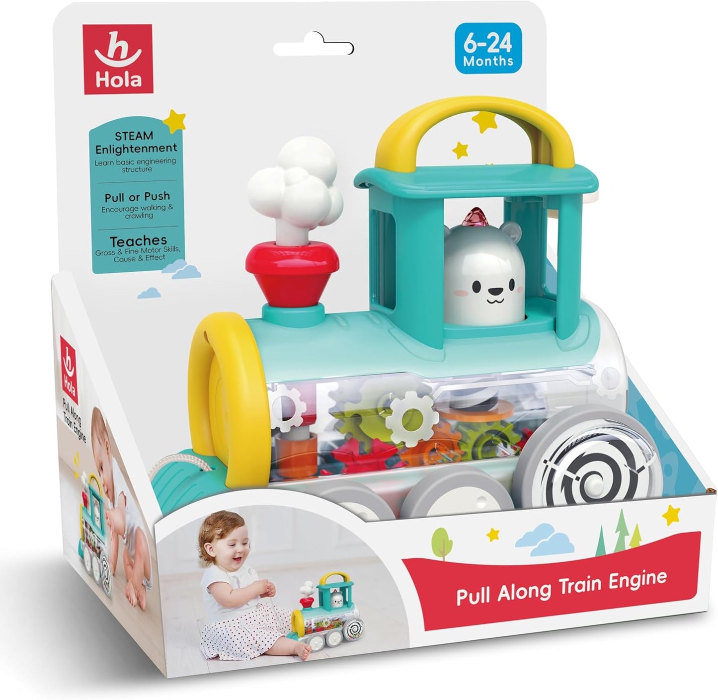 Hola Pull Along Train Engine Toy – Musical Educational Pull Toy with Moving Gears for Babies (6–24 Months)