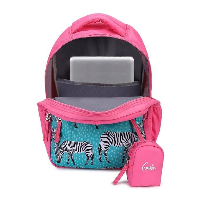 Genie Valerie Kids Backpacks, 15 inches, Cute, Colourful bags for girls, Water Resistant and Lightweight. 3 compartment with Happy Pouch - Jaiman Toys