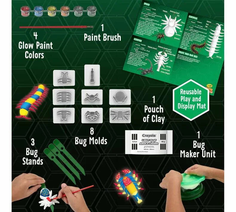 Glow bug creator kit with paint colors, brush, bug molds, clay, play mat, and bug maker unit