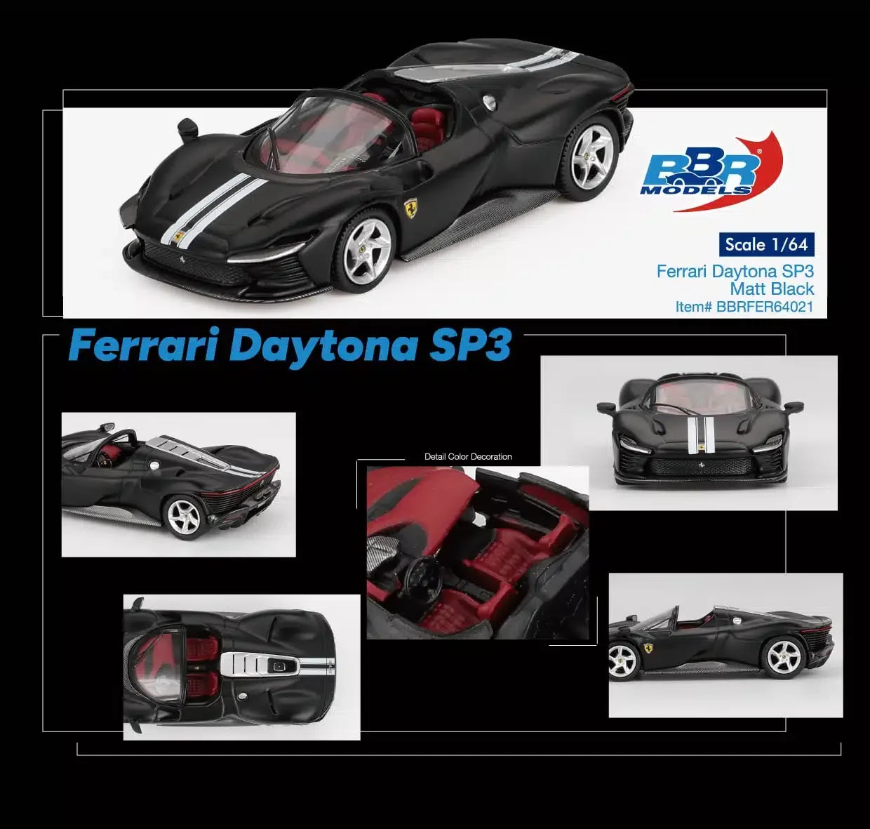 BBR 1:64 Ferrari Daytona SP3 Matt Black Diecast Model Car β Premium Collector Edition