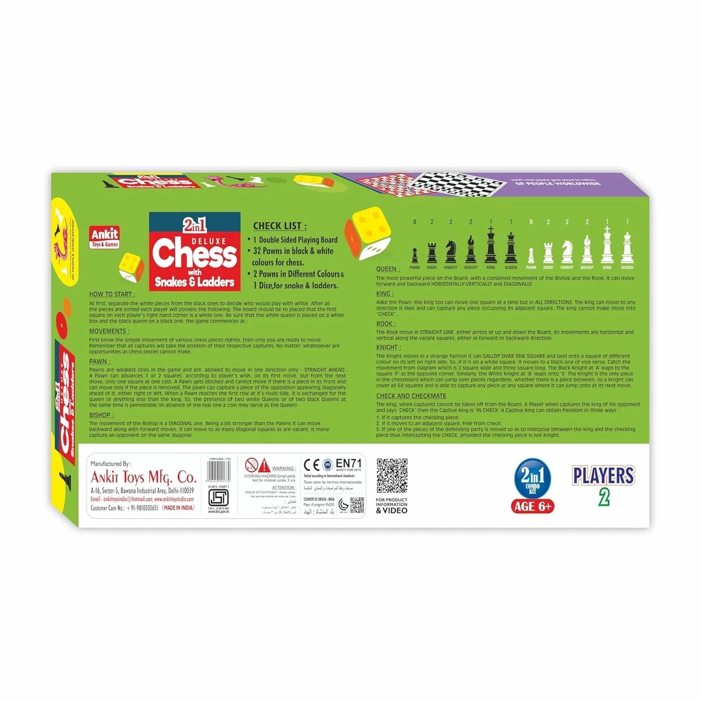 Ankit Toys 2-in-1 Chess & Snakes & Ladders Deluxe Game – 46×46 cm Board for Kids & Adults