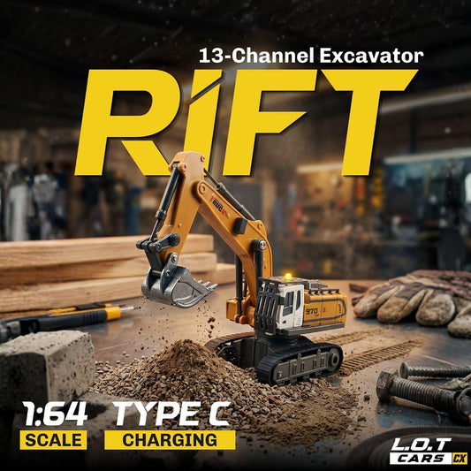 1:64 Scale Remote Control RC Excavator | RIFT Construction Digger Toy with Moving Arm & Bucket | Rechargeable Engineering Vehicle for Kids