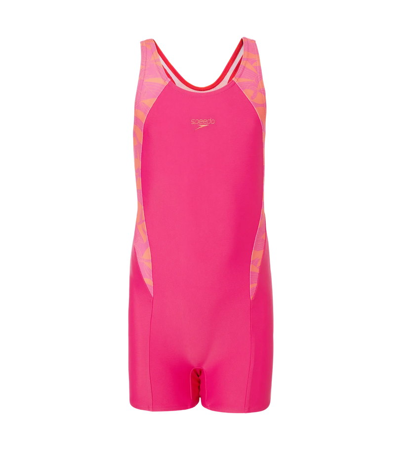 Speedo Printed Splice Muscleback Legsuit for Girls – Ruby, Tropic Coral & Margarita Pink | Chlorine Resistant Swimwear with UPF 40+