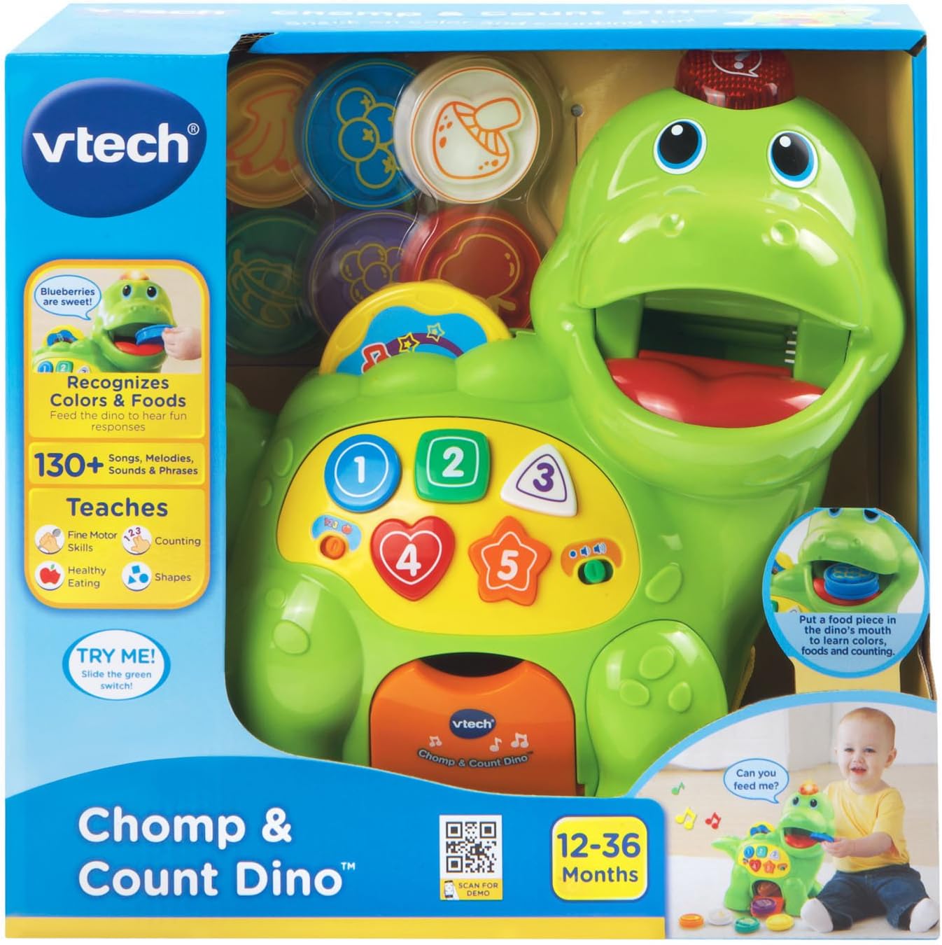 VTech Chomp and Count Dino, Green | Interactive Dinosaur Learning Toy with Feeding Coins, Numbers, Colors & Music for Toddlers