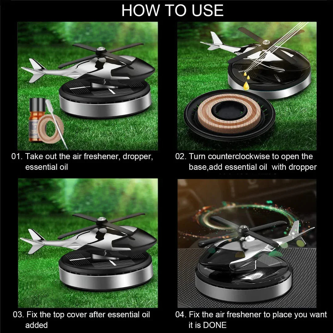 Solar Car Air Freshener – Creative Helicopter Design Aromatherapy Perfume Diffuser for Car Dashboard (Silver)
