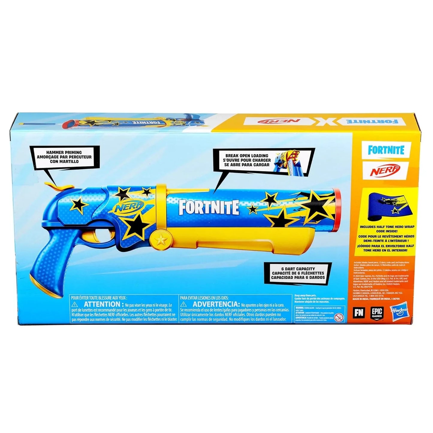 Nerf Fortnite Half Tone Hero Blaster, Bonus Code to Unlock Half Tone Hero Wrap in The Game, Break Open Loading, 12 Nerf Elite Darts - Jaiman Toys