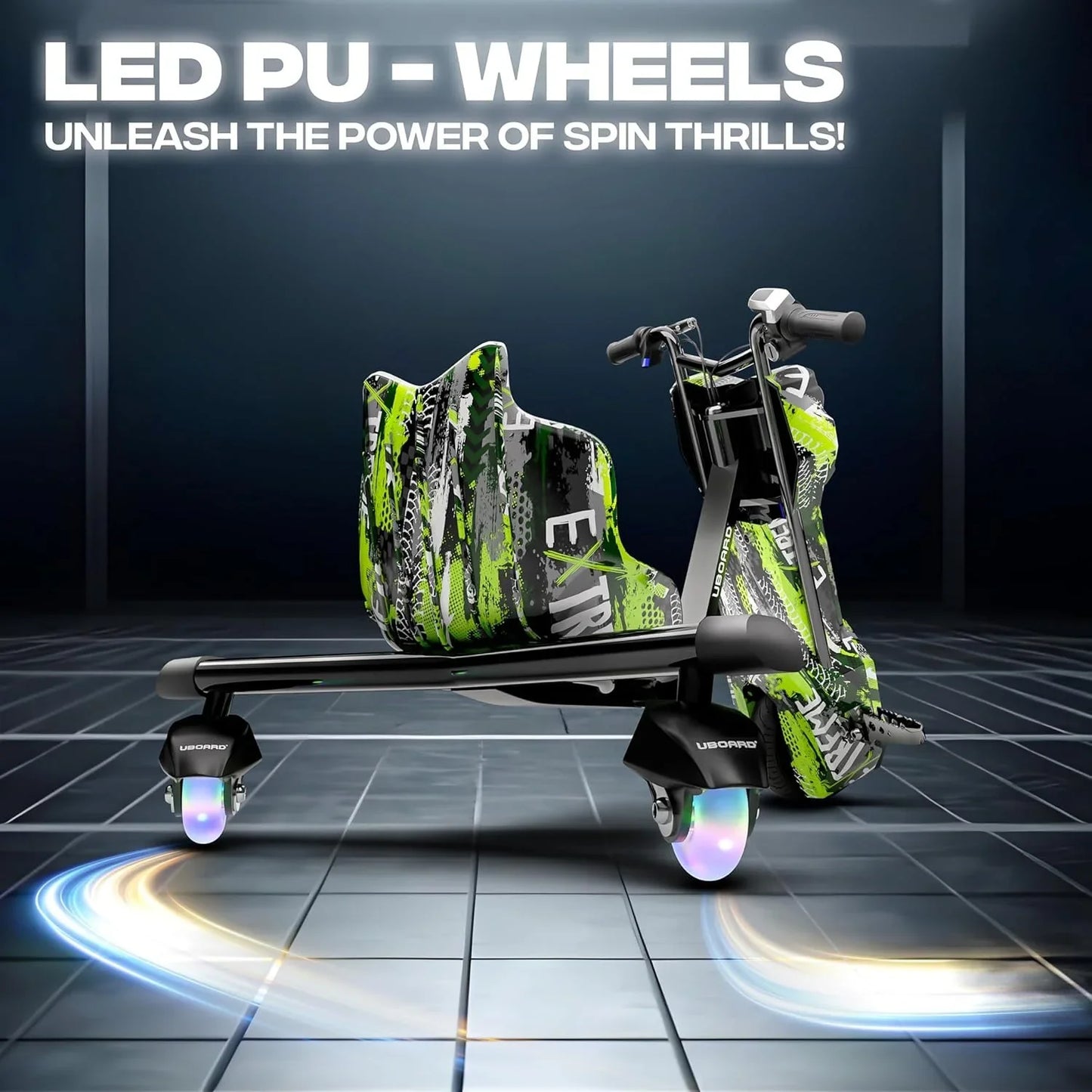 Uboard 3-Wheel Drifter for Kids 6+: LED Lights, Bluetooth, Front Disc Brakes - Jaiman Toys