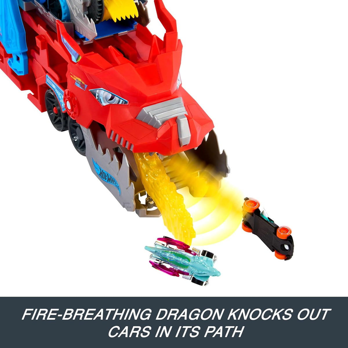 Hot Wheels City Toy Car Track Set – Ultimate Dual Dragon Transporter & 2 Die-Cast Cars JBM72