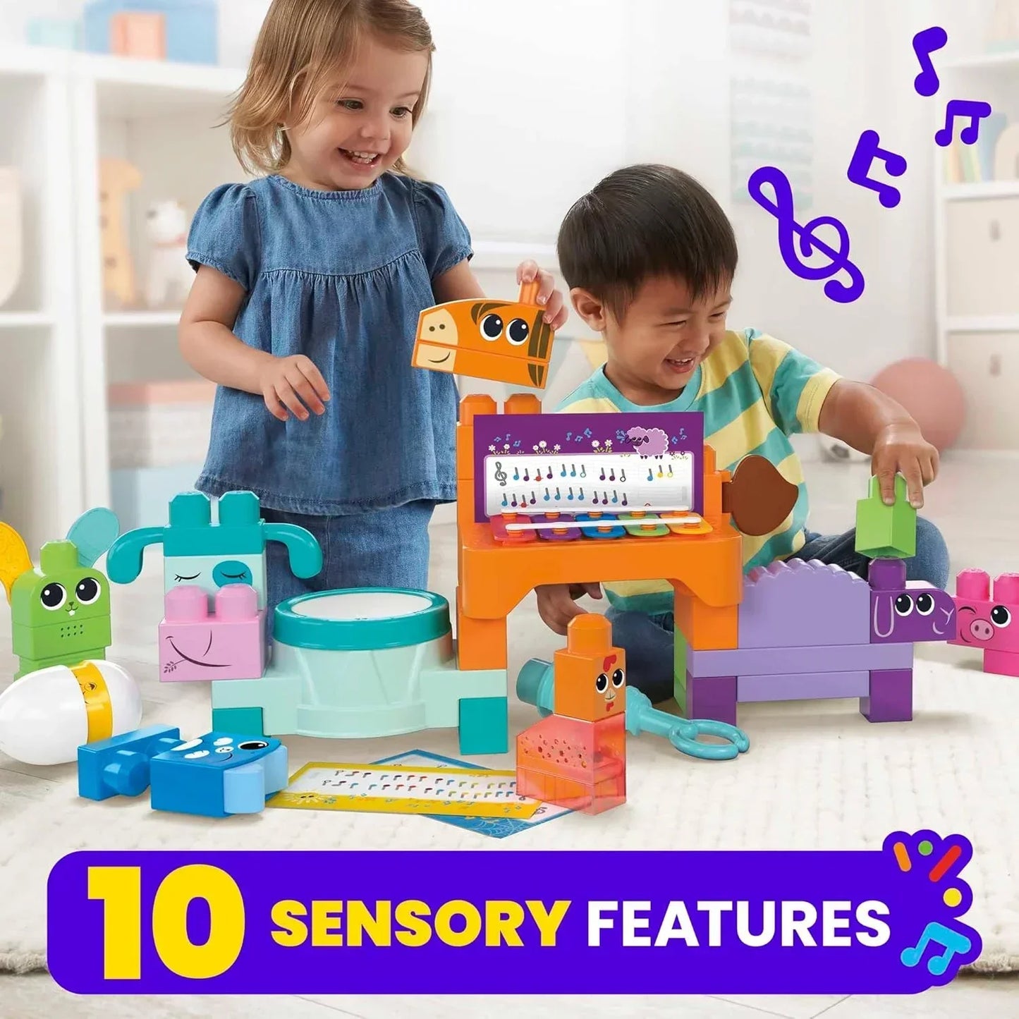 MEGA BLOKS Fisher Price Musical Farm Band Sensory Block Toy (45 Pieces) for Toddler - Jaiman Toys