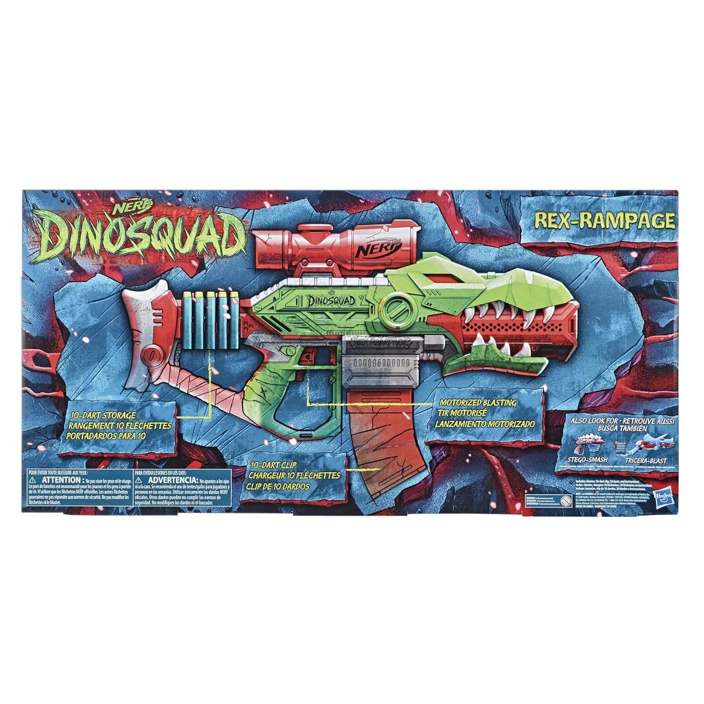 Nerf DinoSquad Rex-Rampage Motorized Dart Blaster, 10-Dart Clip, 20 Official Darts, 10-Dart Storage- T-Rex Dinosaur Design - Jaiman Toys