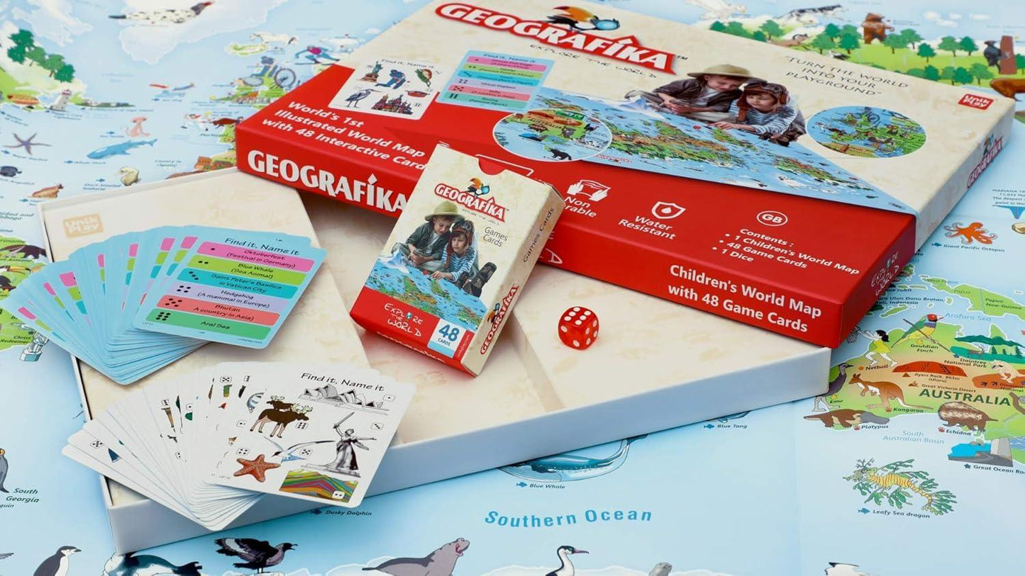 UnikPlay Geografika World Map Game with Illustrated Map & 40 Game Cards – Fun & Educational Geography Board Game for Kids Ages 6+ - Jaiman Toys