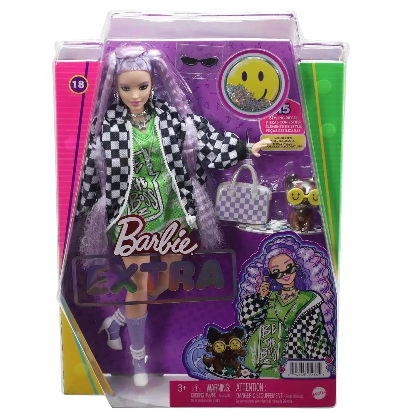 BarbieĀ® Doll and Accessories, Extra Fashion Doll with Crimped Lavender Hair and Checkered Jacket, Pet Puppy - Jaiman Toys
