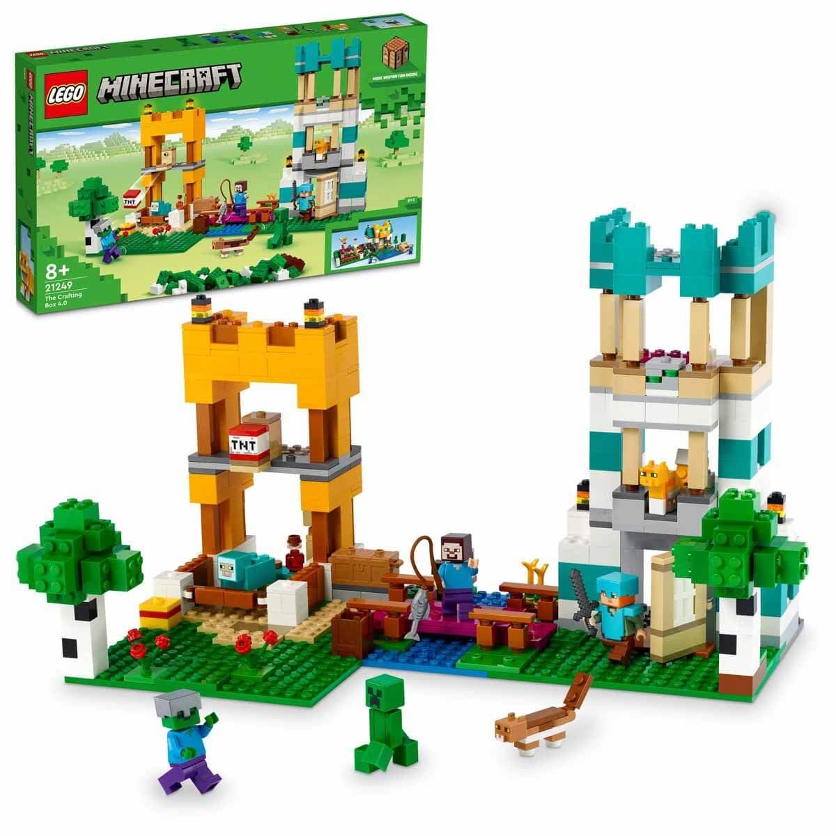 LEGO Minecraft 21249 Crafting Box 4.0: Build Your Adventure with Alex, Steve & Creeper Mobs 2-in-1 River Tower or Cat Hut Fun - Jaiman Toys