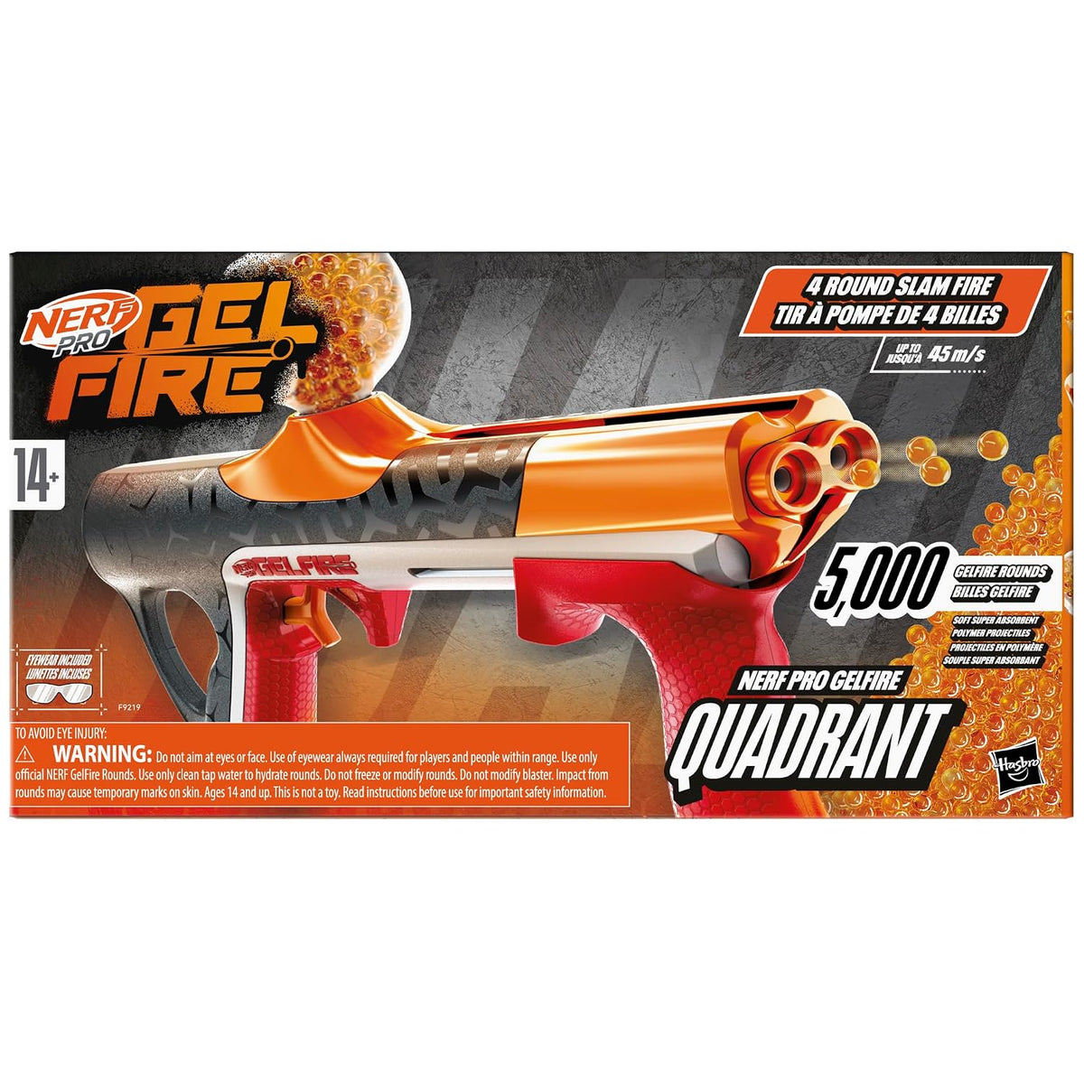 Nerf Pro Gelfire Quadrant Blaster with 5,000 Gel Rounds, 400-Round Hopper, 4-Round Slam Fire & Protective Eyewear, Up to 150 FPS β Ages 14+