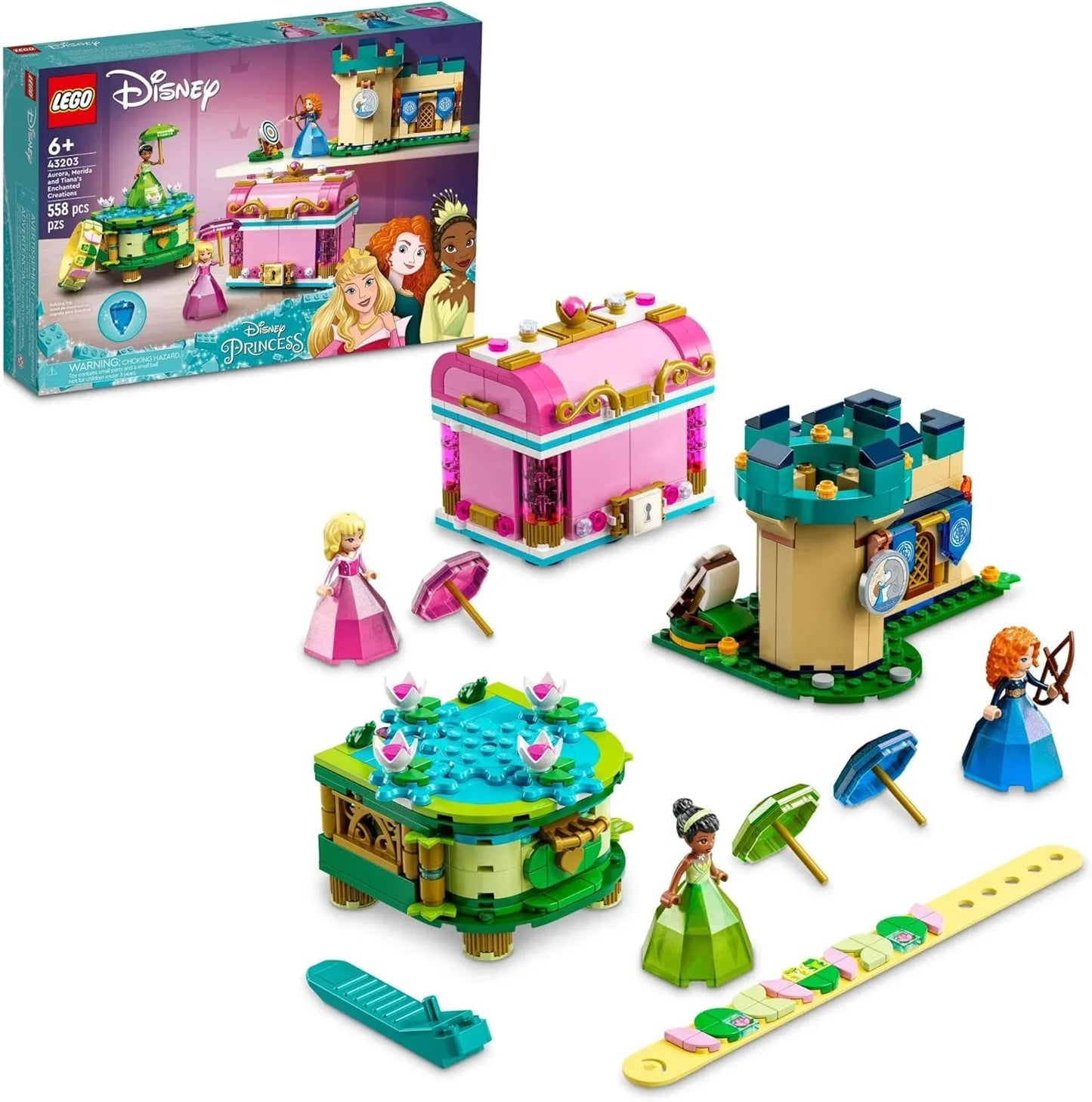 LEGO Disney Princess Aurora, Merida & Tianas Enchanted Creations 43203 Diamond Dress Set with 2 Buildable Jewelry Boxes, Pencil Holder, DOTS Bracelet and Mini-Dolls - Jaiman Toys