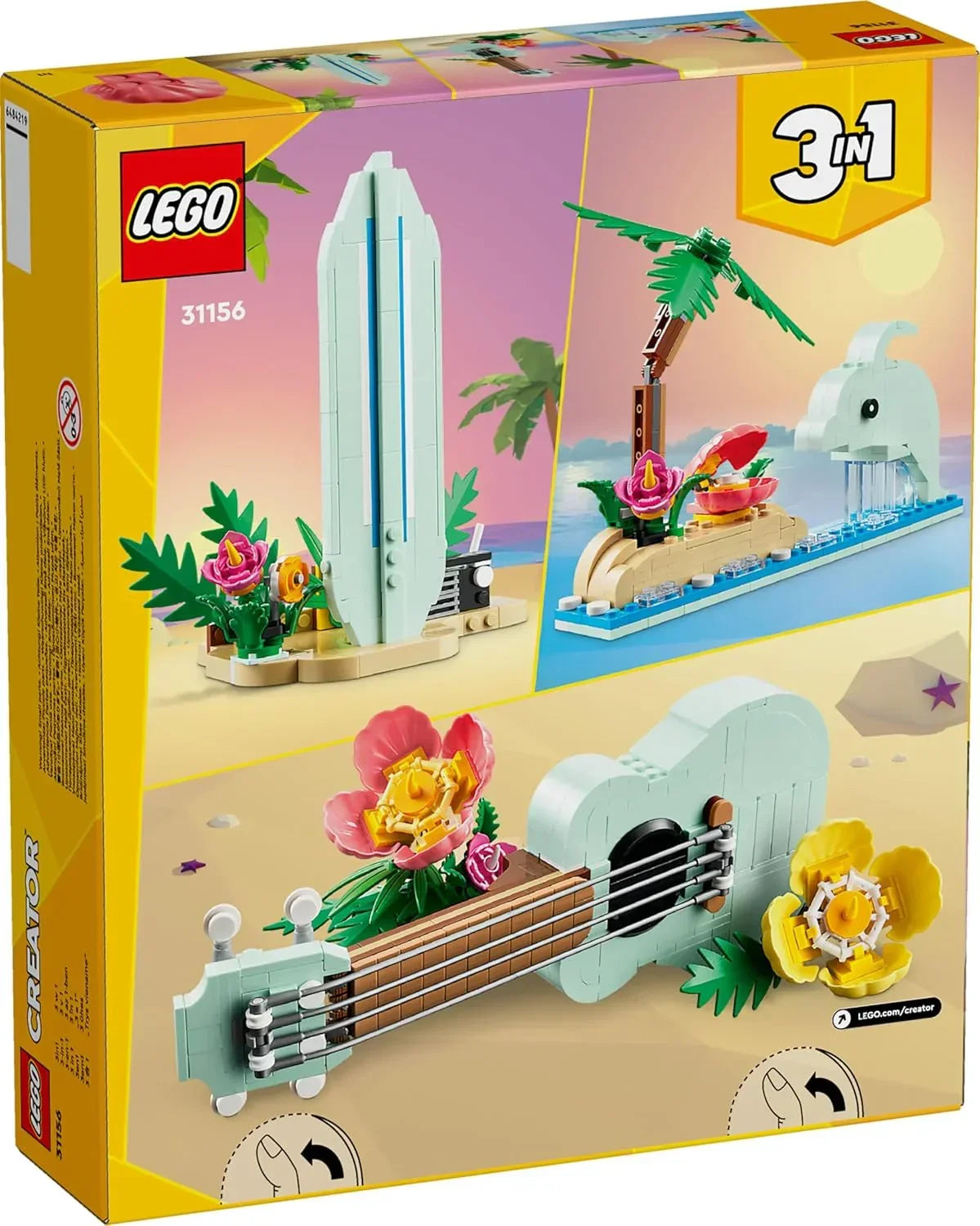 LEGO Creator 3-in-1 set box featuring buildable surfboard, guitar, and tropical island scene.