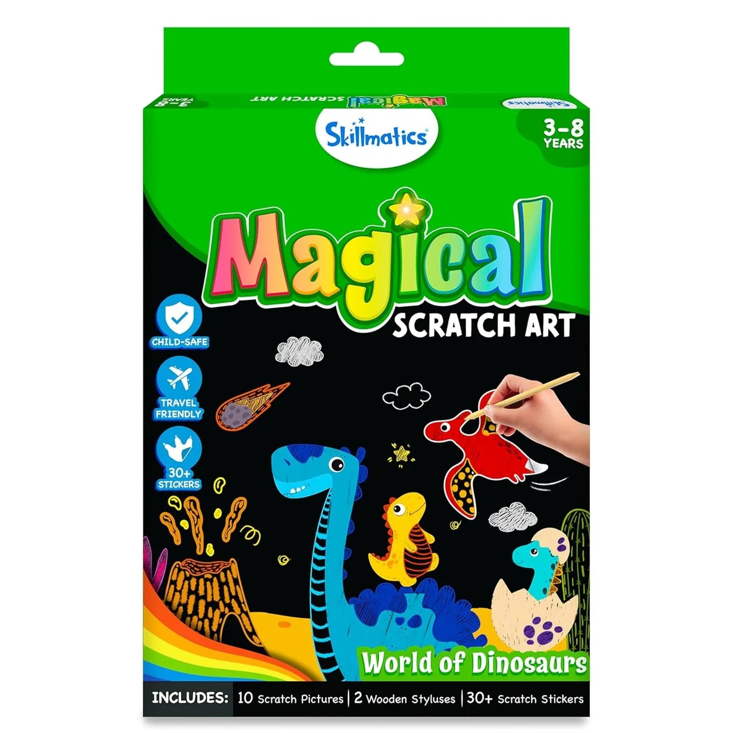 Skillmatics Magical Scratch Art Book for Kids - Dinosaurs, Craft Kits & Supplies, DIY Activity & Stickers, Gifts for Toddlers, Girls & Boys Ages 3, 4, 5, 6, 7, 8, Travel Toys - Jaiman Toys