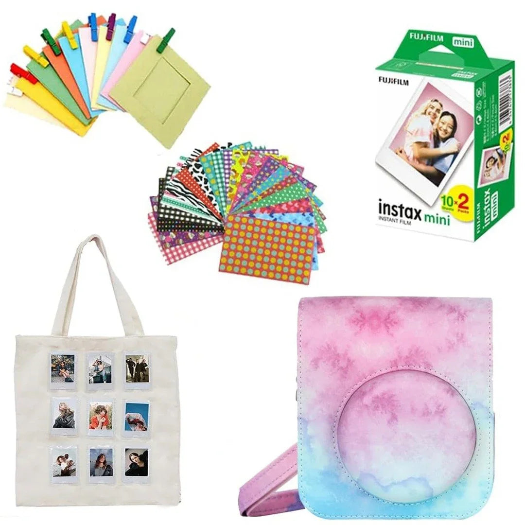 Accessories Bundle Pack -Camera Case for Instax Mini 12 (Blue Pink) + 20 Film Shots + Photo Hanging Set + Photo Stickers Set + Photo Tote Bag - Jaiman Toys