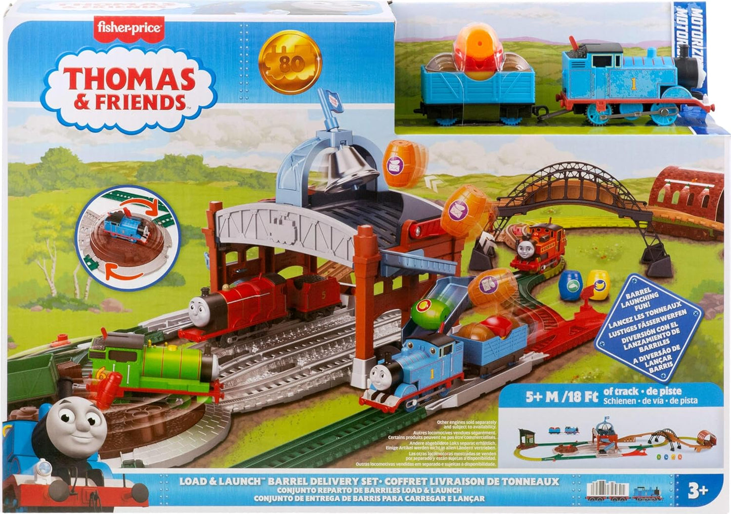 Thomas & Friends Toy Train Playset by Fisher-Price, Load & Launch Barrel Delivery with Classic Motorized Engine & Cargo Car, 18 Feet of Track-JDF26