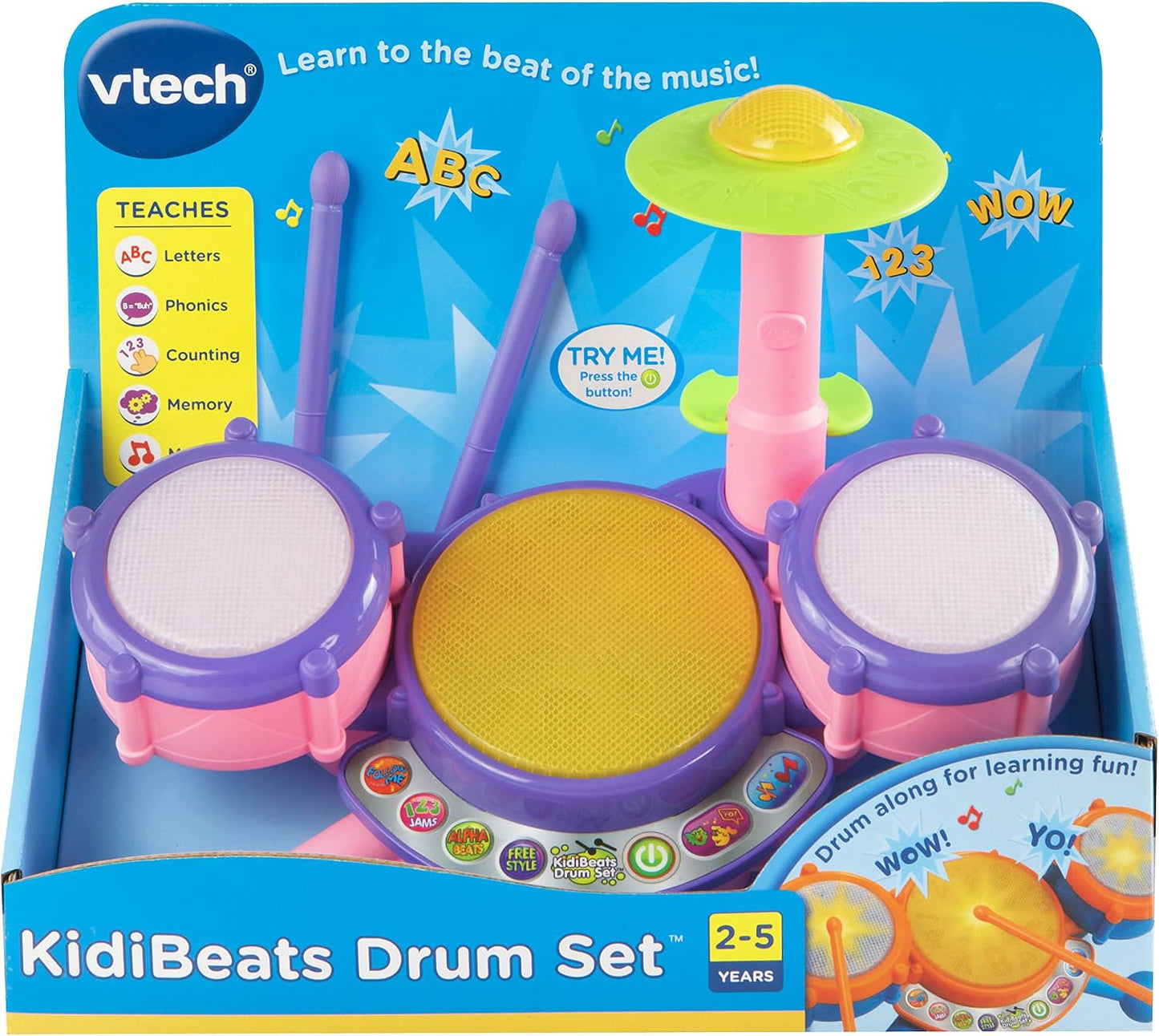 VTech KidiBeats Drum Set, Pink | Interactive Musical Drum Kit with Lights, Learning Modes & Drumsticks for Kids 2-5 Years