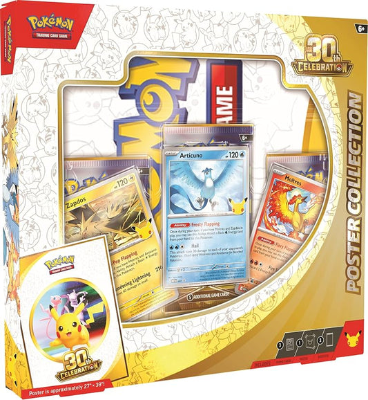 Pokemon TCG 30th Celebration Poster Collection – Articuno, Zapdos & Moltres | 3 Foil Promo Cards + 3 Booster Packs + Double-Sided Poster