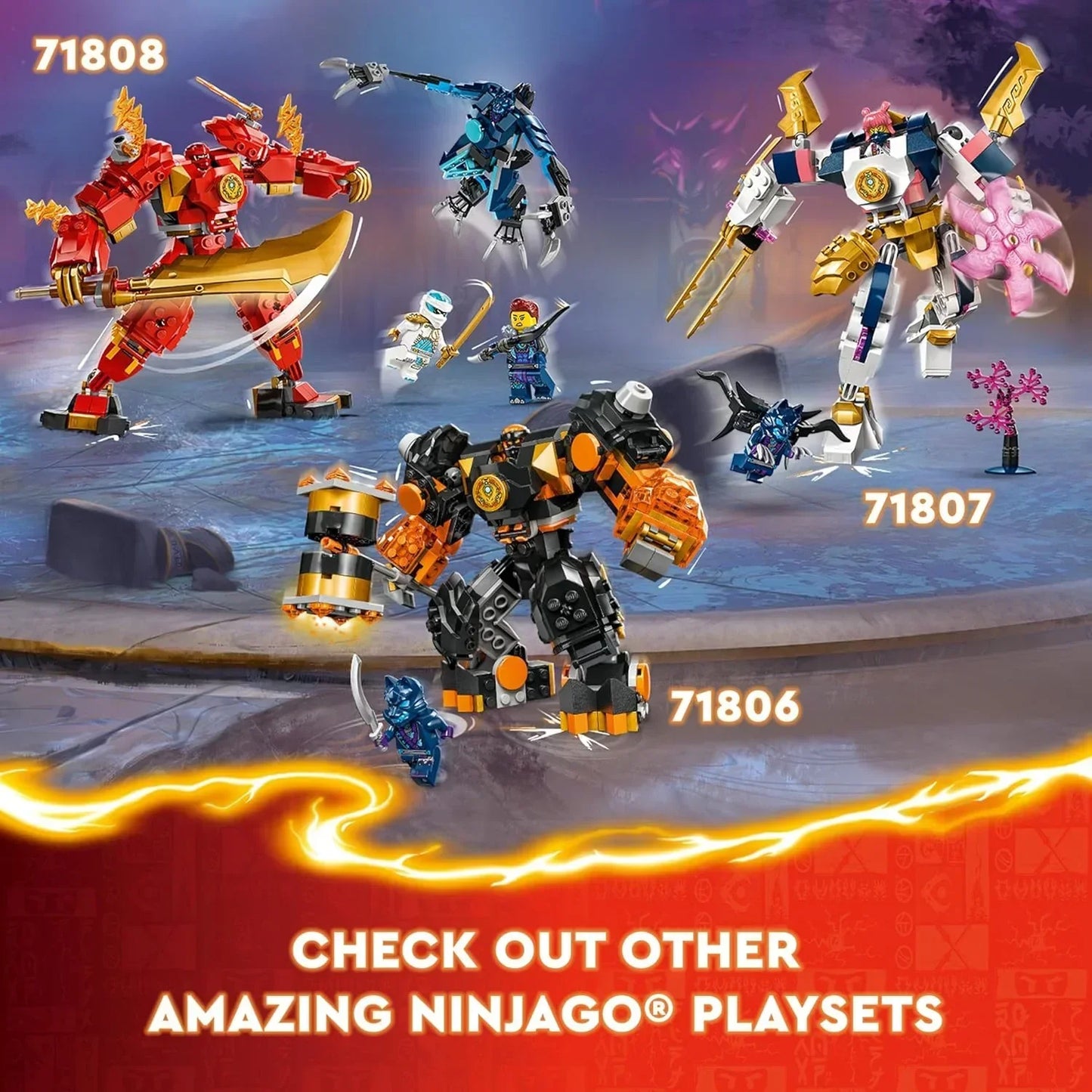 LEGO Ninjago playsets with action figures and mechs, set numbers 71806, 71807, 71808 displayed.