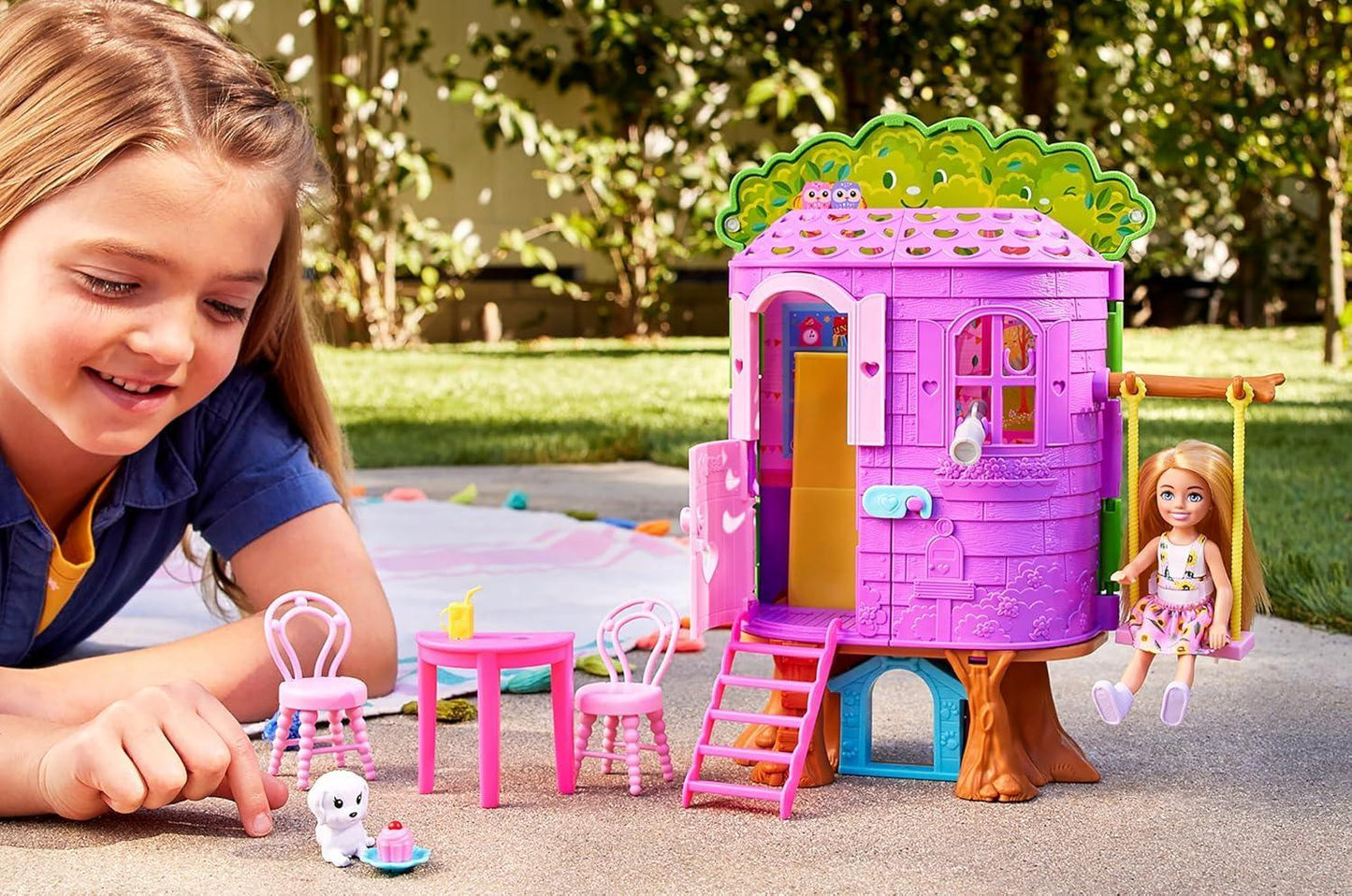 Barbie Chelsea Doll & Treehouse Playset with Pet Puppy – Dollhouse with Furniture, Slide & 10+ Accessories