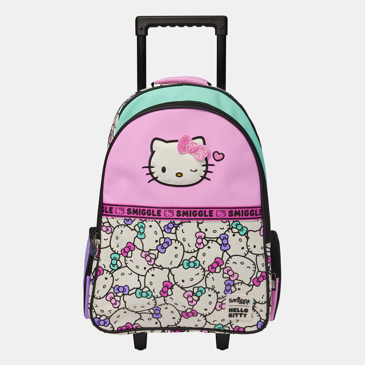 Smiggle Hello Kitty 18-Inch Trolley Backpack with Retractable Handle, Rolling Wheels, Glitter Bow and Character Print for Kids – Pink, Mint & White