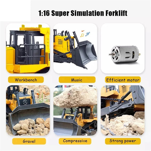 HUINA 1554 1:16 RC Bulldozer | 11CH 2.4GHz Semi-Alloy Crawler Dozer with Metal Blade, Rear Ripper, Lights & Sound