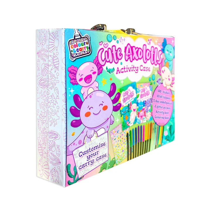 Cute Axolotl Activity Case – Ultimate Colour & Carry Set with 100+ Stickers, 10 Felt-Tip Pens, 5 Duo-Ended Pencils, 2 Glitter Gel Pens, Activity Book & Colouring Book! - Jaiman Toys