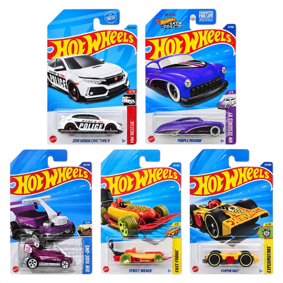 Hot Wheels 1:64 5-Car Die-Cast Set – Honda Civic Type R, Purple Passion, Draggin’ Wagon, Street Wiener & Flippin’ Fast